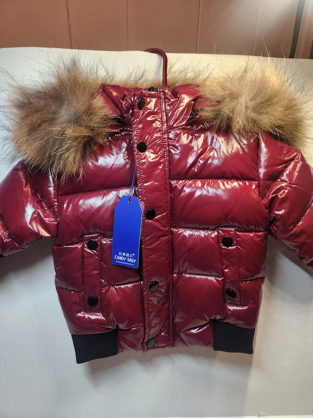 Toddler/Kids Candy Baby Shiny Red Puffer Jacket with Removable Faux Fur Hood